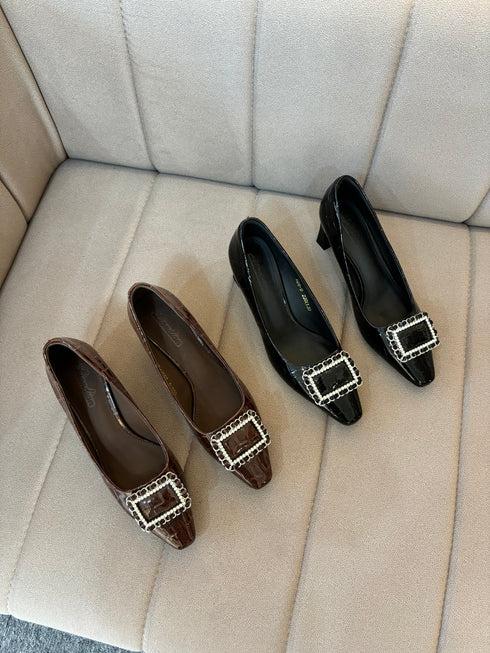 Women Crocodile Print Square Buckle Pump Heel